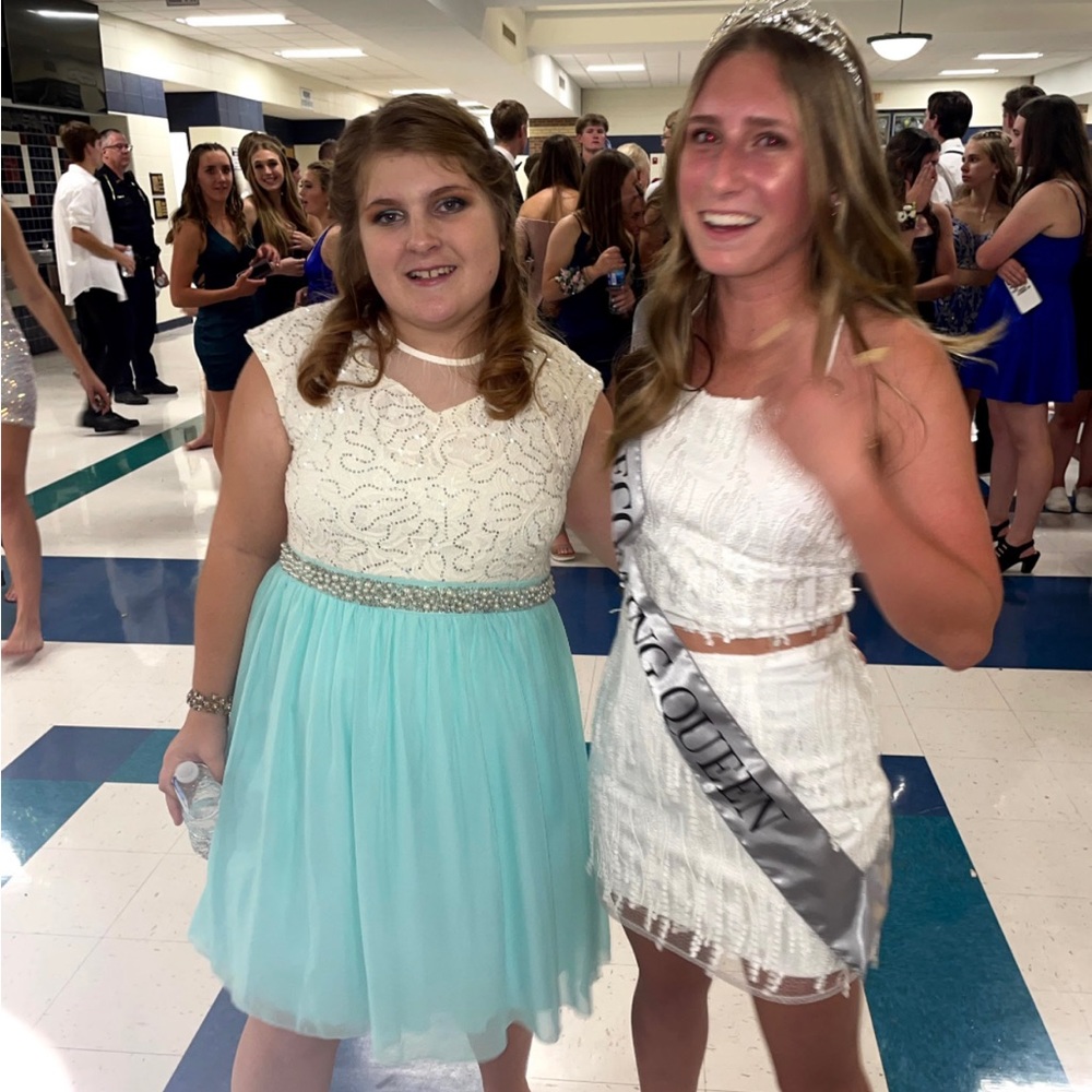 White and light blue sparkling homecoming dress